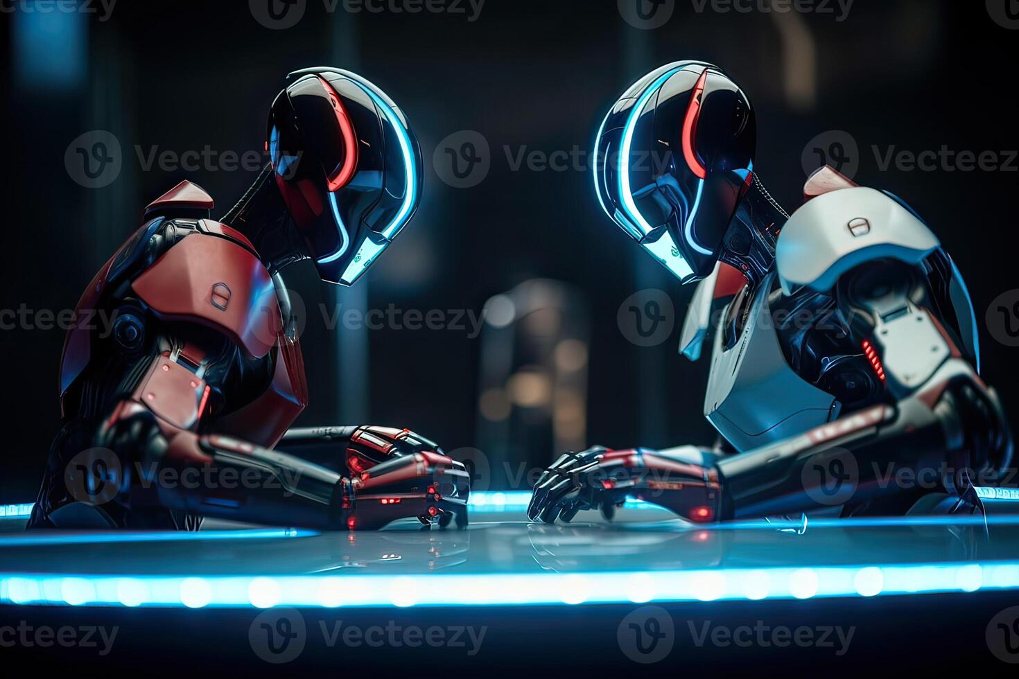 Two robotic red and blue color were characters fighting battle in a futuristic science fiction city. . photo