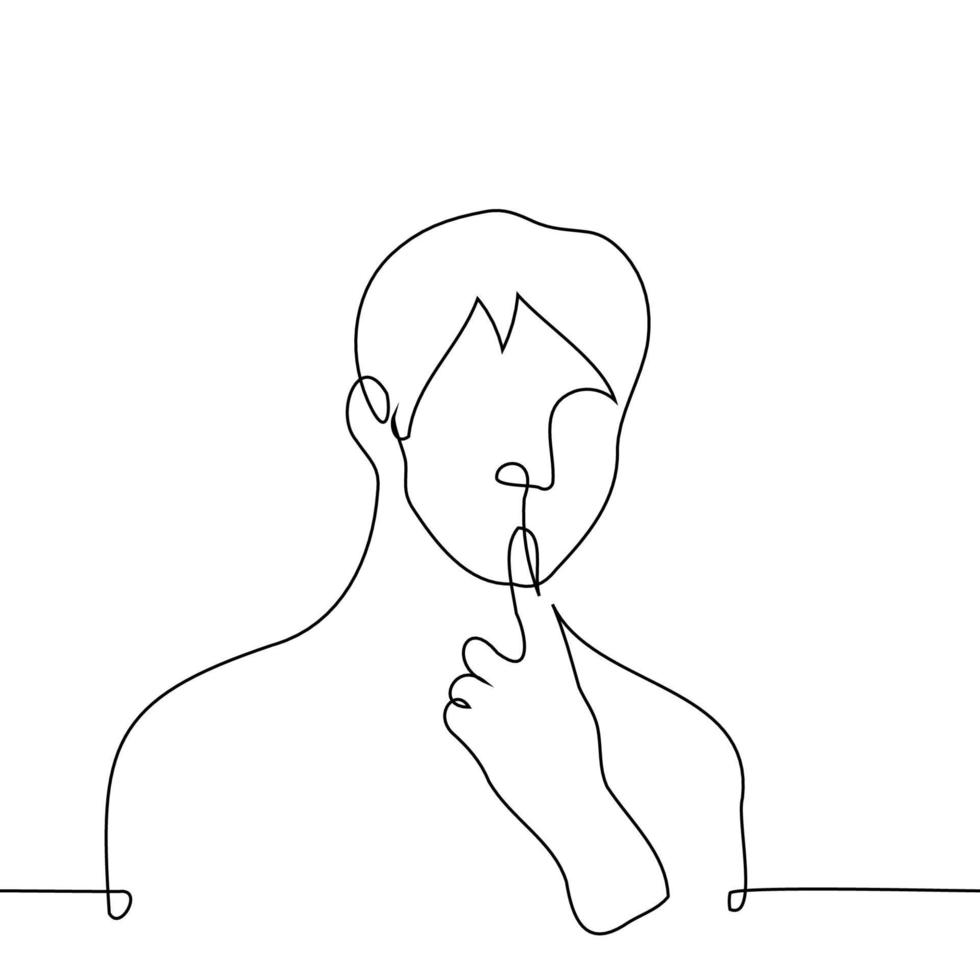 man put his finger to his lips, he is puzzled - one line drawing vector. concept to be confused, to think, to guess vector