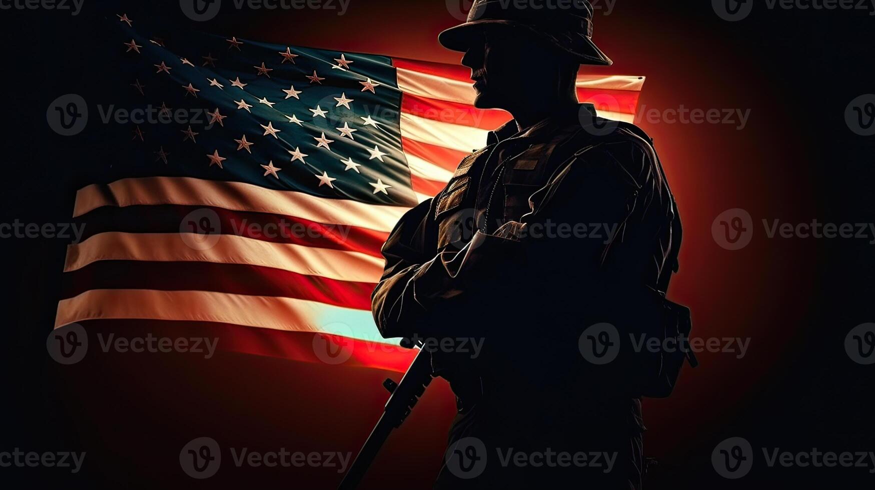 Ilustracion de Estados Unidos Ejército soldado con nación bandera. saludo tarjeta para veteranos día , monumento día, independencia día . America celebracion. generativo ai. foto