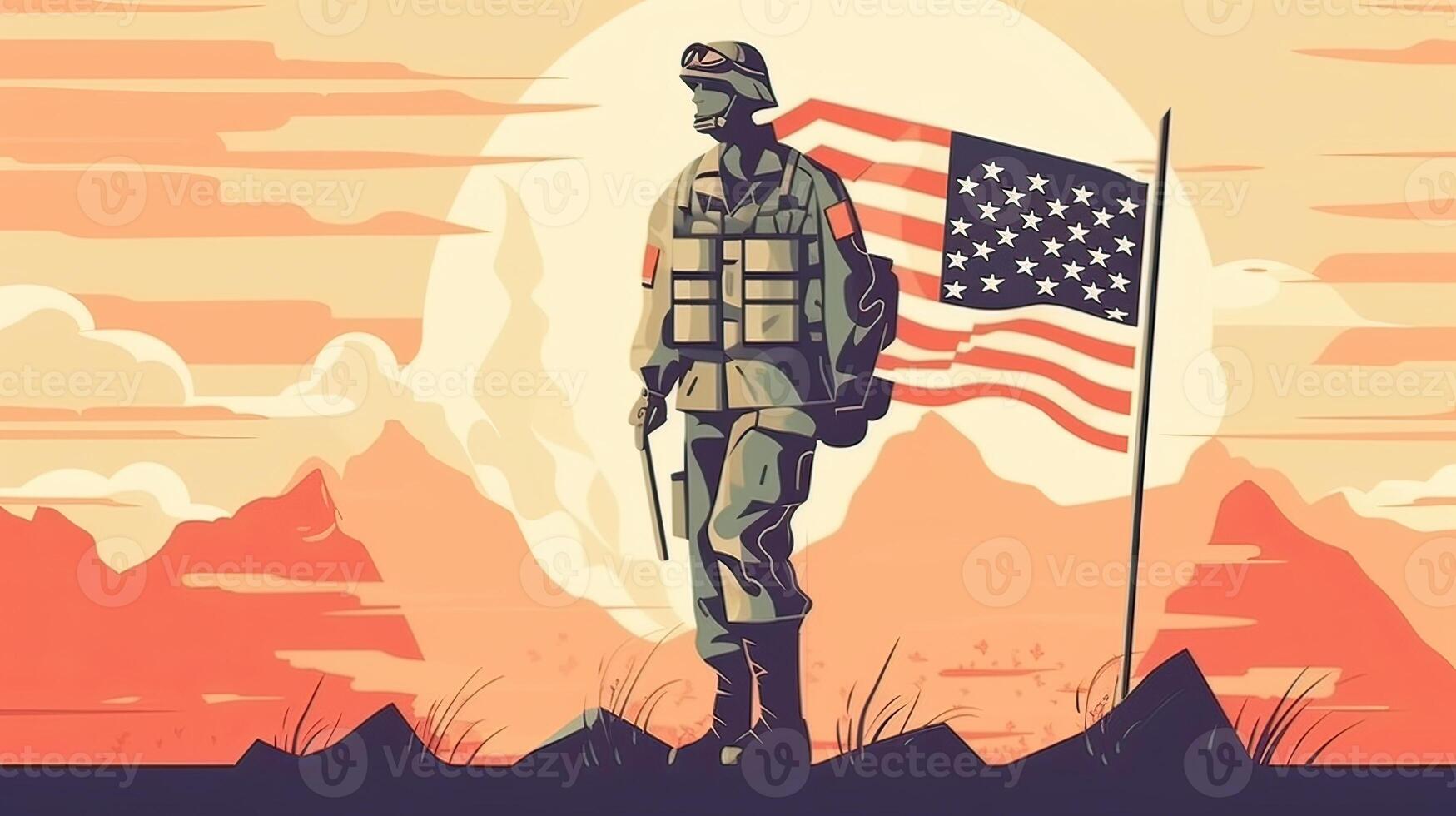 llustration of USA army soldier with nation flag. Greeting card for Veterans Day , Memorial Day, Independence Day . America celebration. . photo