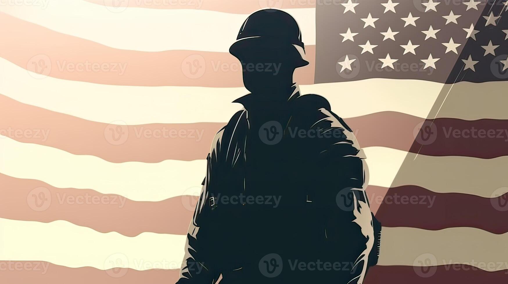llustration of USA army soldier with nation flag. Greeting card for Veterans Day , Memorial Day, Independence Day . America celebration. . photo