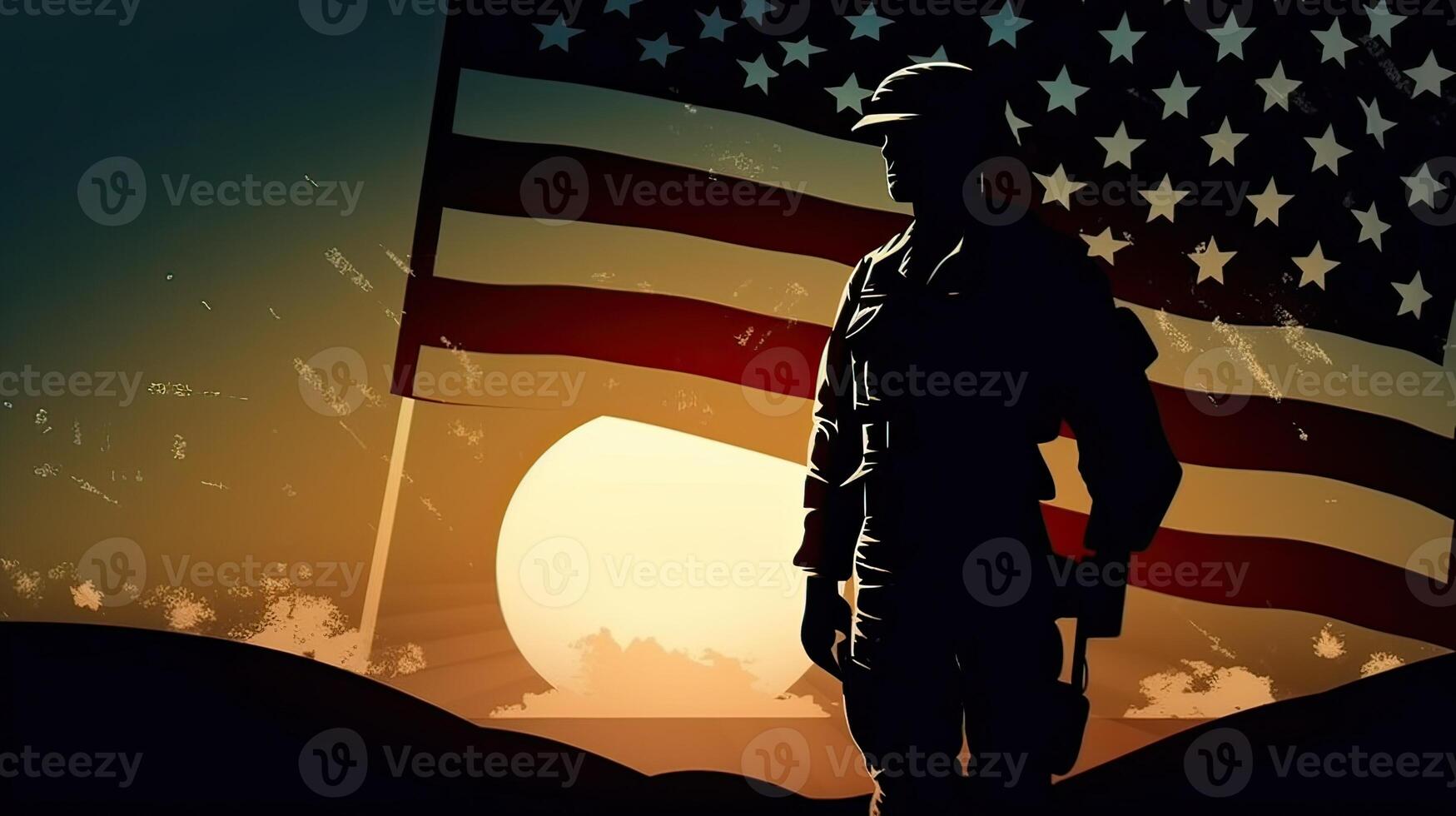 llustration of USA army soldier with nation flag. Greeting card for Veterans Day , Memorial Day, Independence Day . America celebration. . photo