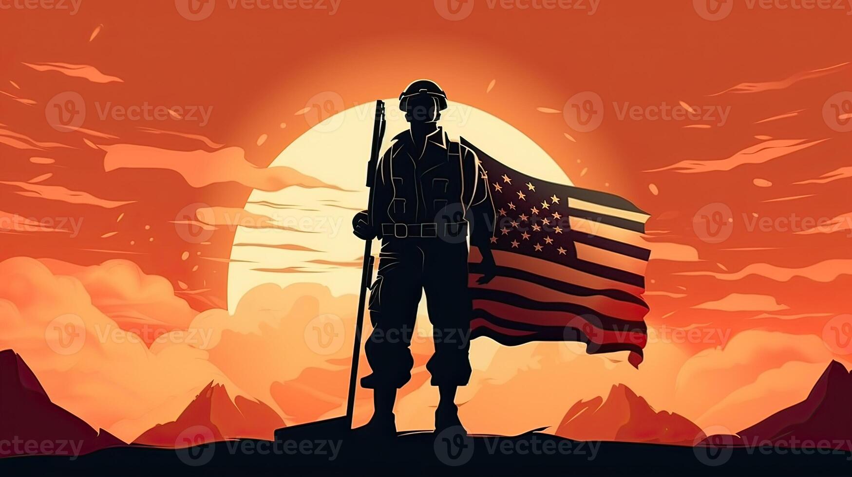 llustration of USA army soldier with nation flag. Greeting card for Veterans Day , Memorial Day, Independence Day . America celebration. . photo