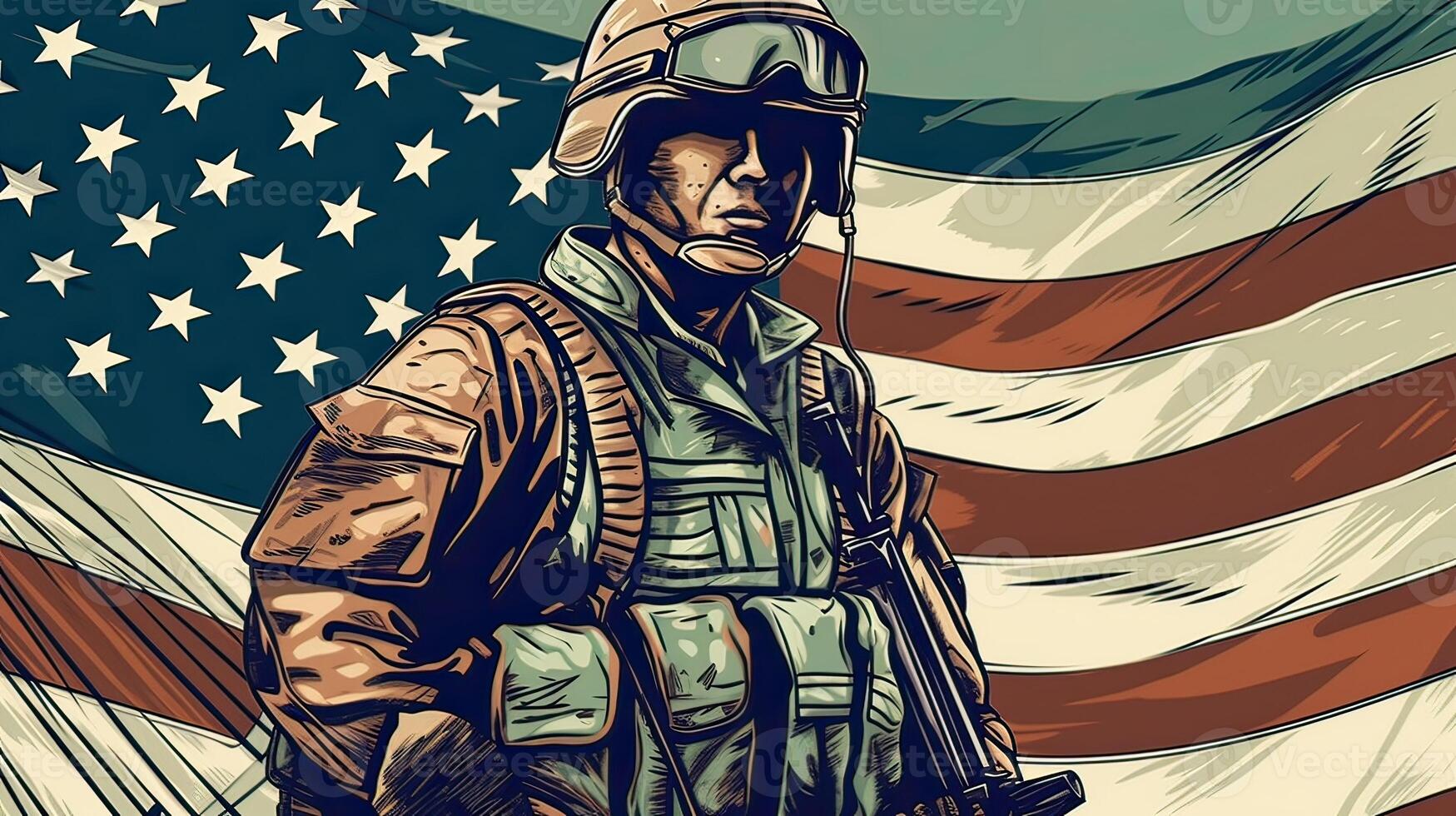 llustration of USA army soldier with nation flag. Greeting card for Veterans Day , Memorial Day, Independence Day . America celebration. . photo