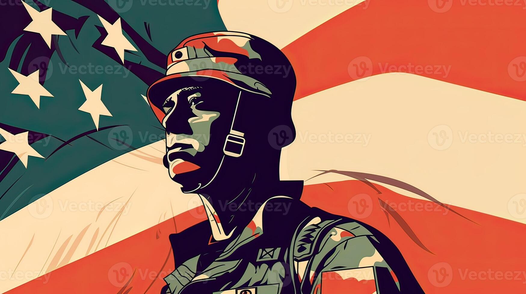 llustration of USA army soldier with nation flag. Greeting card for Veterans Day , Memorial Day, Independence Day . America celebration. . photo