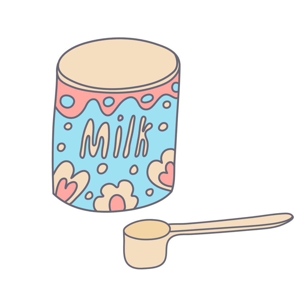 Can with infant formula or baby milk in color doodle style. Measuring spoon. Flat style with outline. Hand drawn vector illustration isolated on white background. Pastel colors, pink, blue, beige.