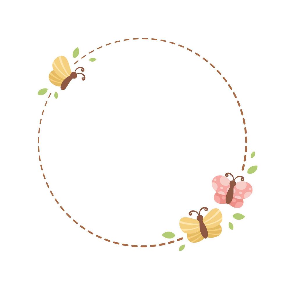 Cute Round Floral Butterfly Frame. Spring Summer Border Vector Illustration.