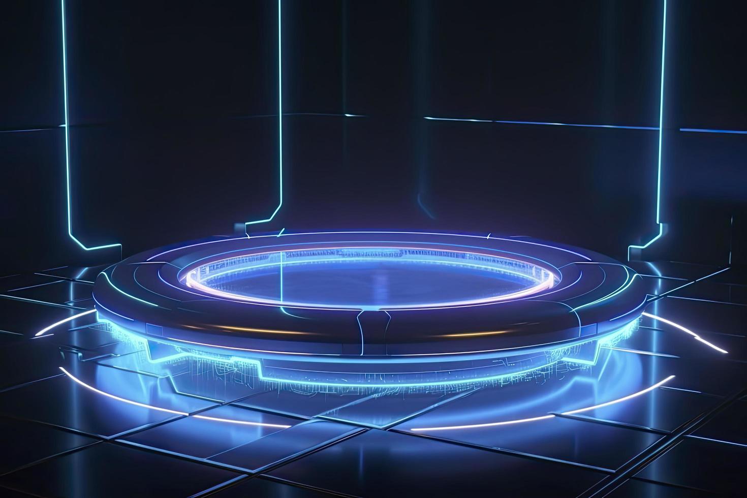 Portal and hologram futuristic Neon color circle elements. Standard podium or studio futuristic pedestal round platform showroom. Circle stage and blue neon light. Science fiction 3D illustration photo