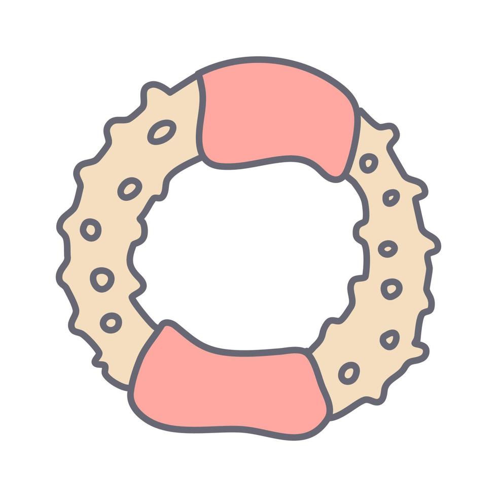 bebé mordedor o dientes silicona anillo en color garabatear estilo. plano estilo con describir. mano dibujado vector ilustración aislado en blanco antecedentes. pastel colores, rosa, beige.