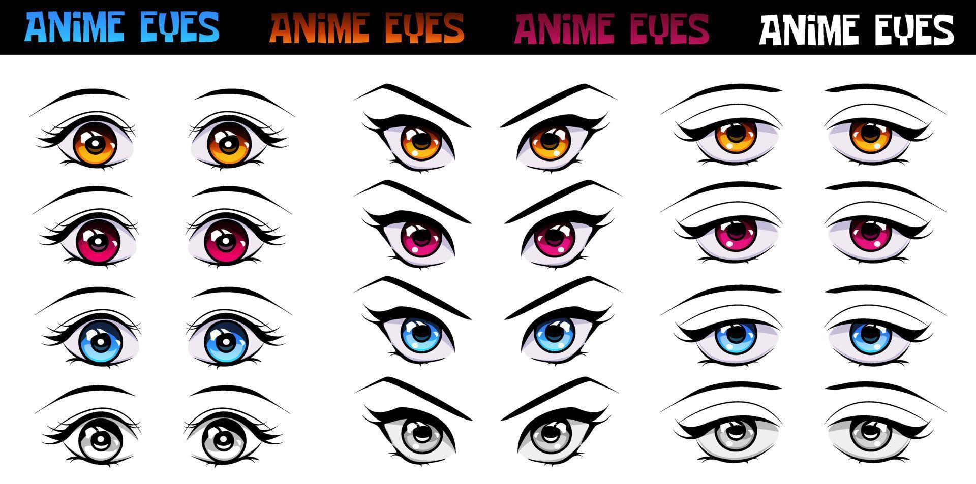 conjunto de 3 tipos de ojos en anime o manga estilo. el imagen es apartado desde el blanco antecedentes. vector