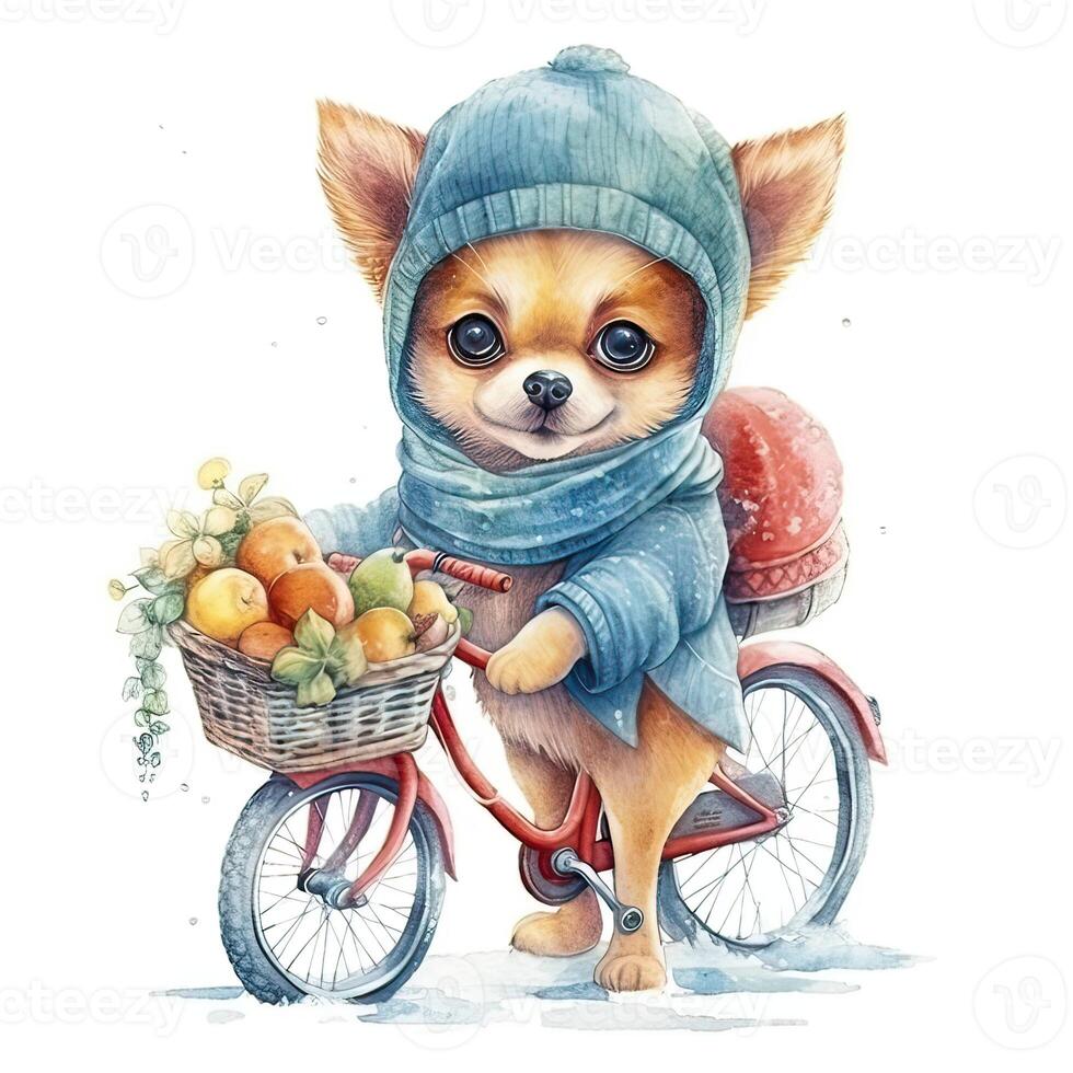 Watercolor hand-drawn illustration of a cute cartoon adorable riding bicycle on white background. . photo