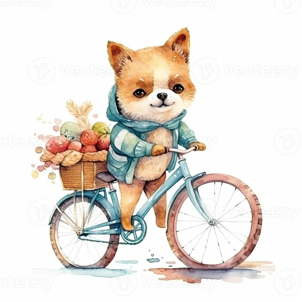 Watercolor hand-drawn illustration of a cute cartoon adorable riding bicycle on white background. . photo