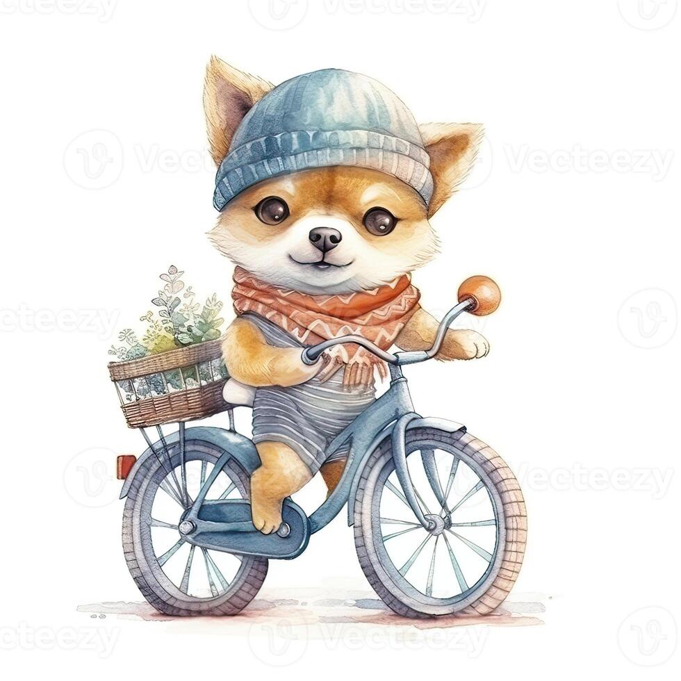 Watercolor hand-drawn illustration of a cute cartoon adorable riding bicycle on white background. . photo