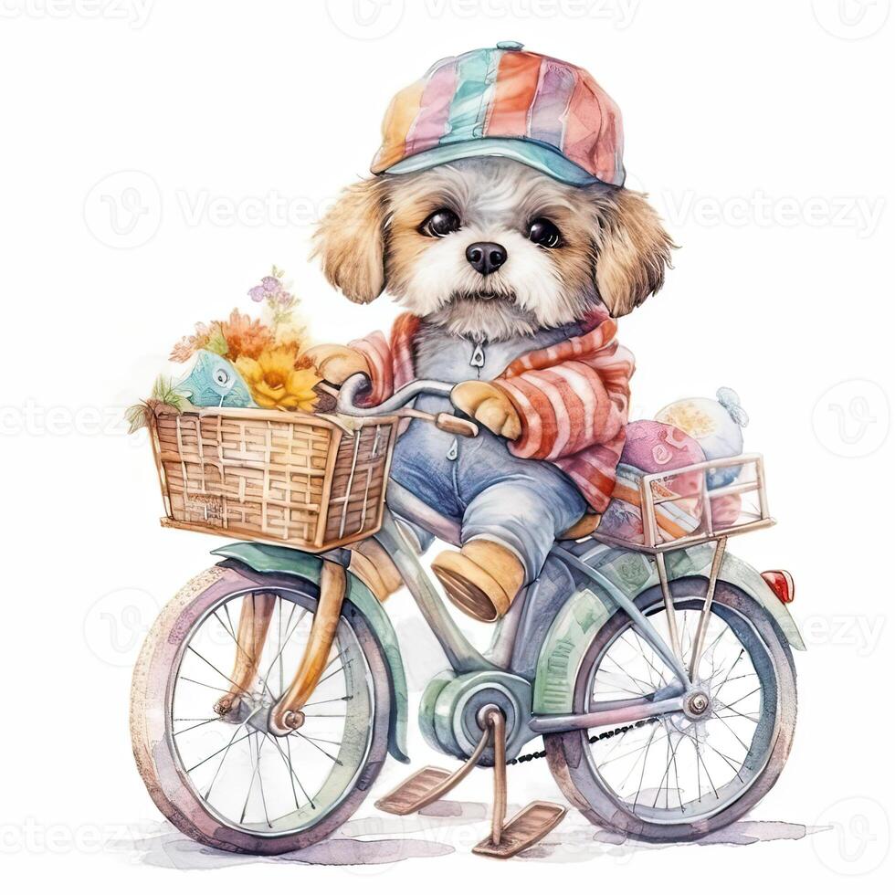 Watercolor hand-drawn illustration of a cute cartoon adorable riding bicycle on white background. . photo