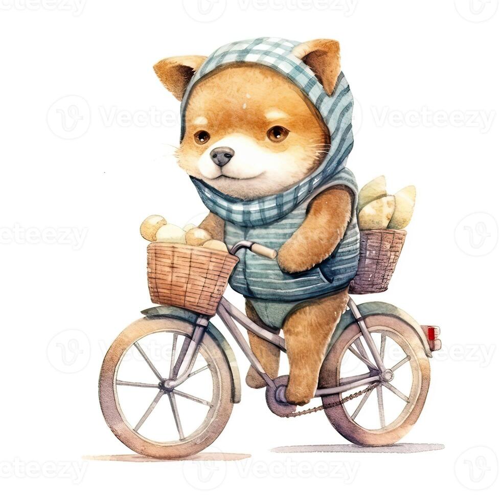 Watercolor hand-drawn illustration of a cute cartoon adorable riding bicycle on white background. . photo