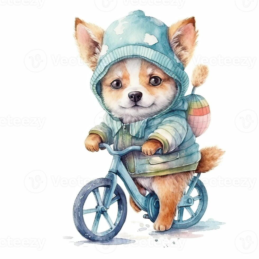 Watercolor hand-drawn illustration of a cute cartoon adorable riding bicycle on white background. . photo