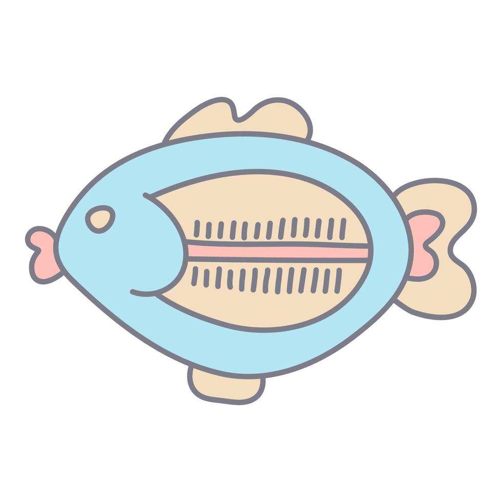 bebé bañera agua termómetro en color garabatear estilo. pescado forma. plano estilo con describir. mano dibujado vector ilustración aislado en blanco antecedentes. pastel colores, rosa, azul, beige.