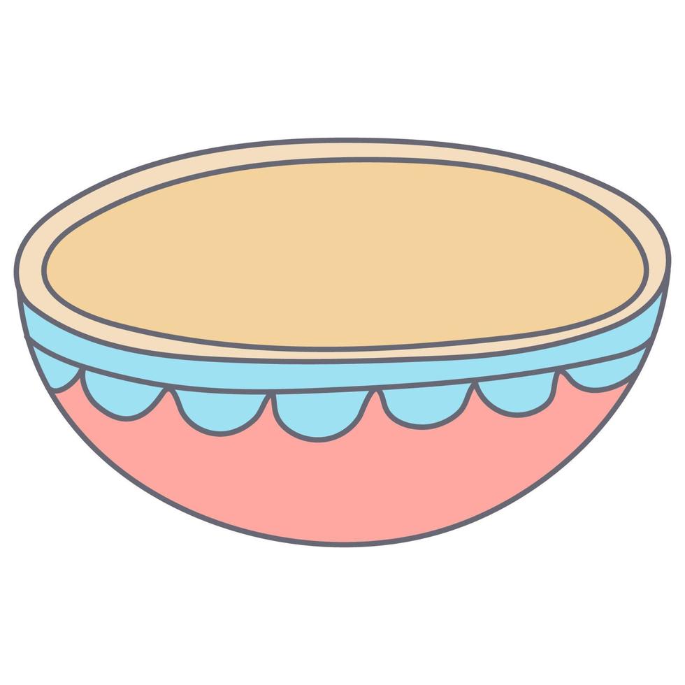 Baby cute bowl or deep plate in color doodle style. Flat style with outline. Hand drawn vector illustration isolated on white background. Pastel colors, pink, blue, beige.