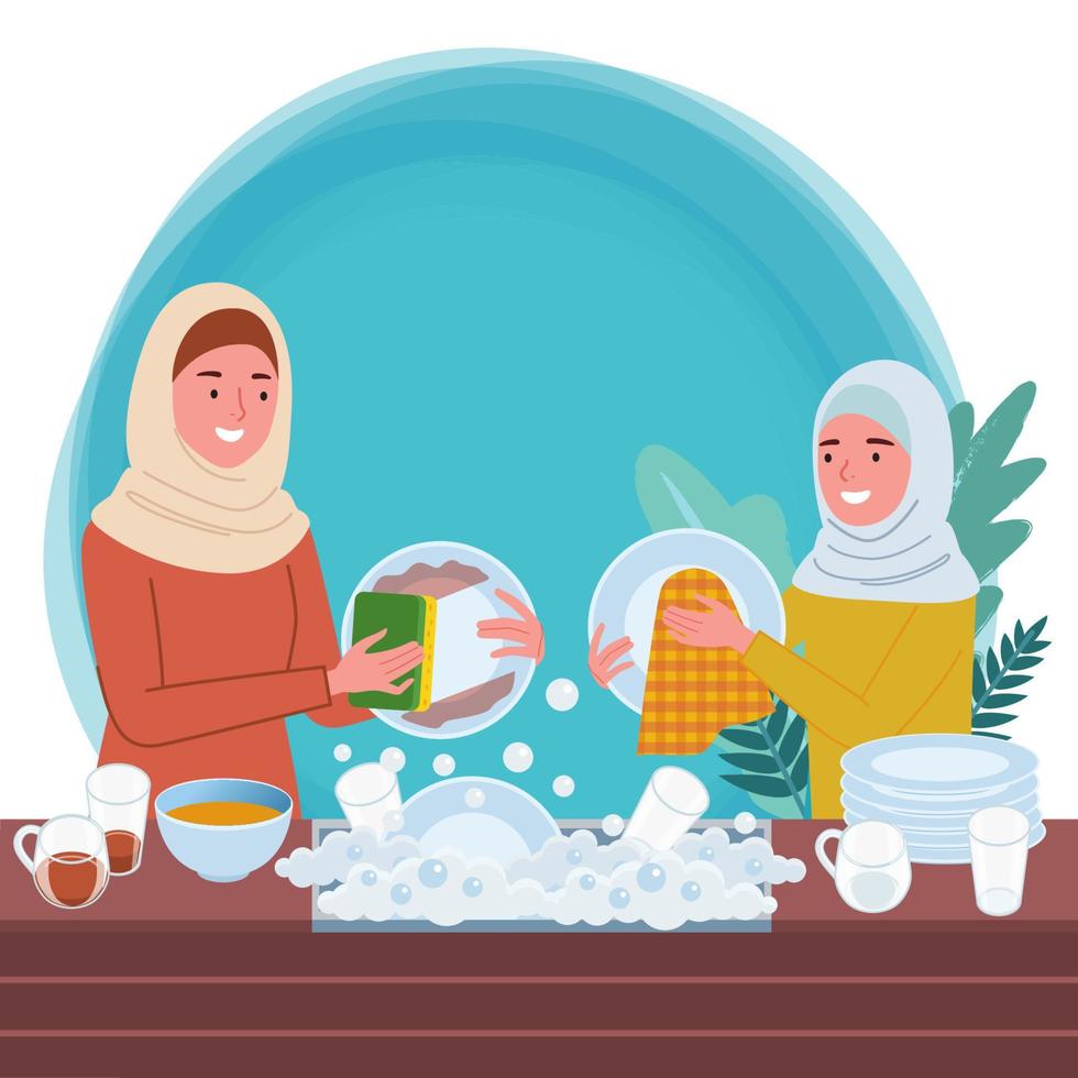 illustration of a Muslim mother and child washing dishes together in a sink with lots of foam. vector