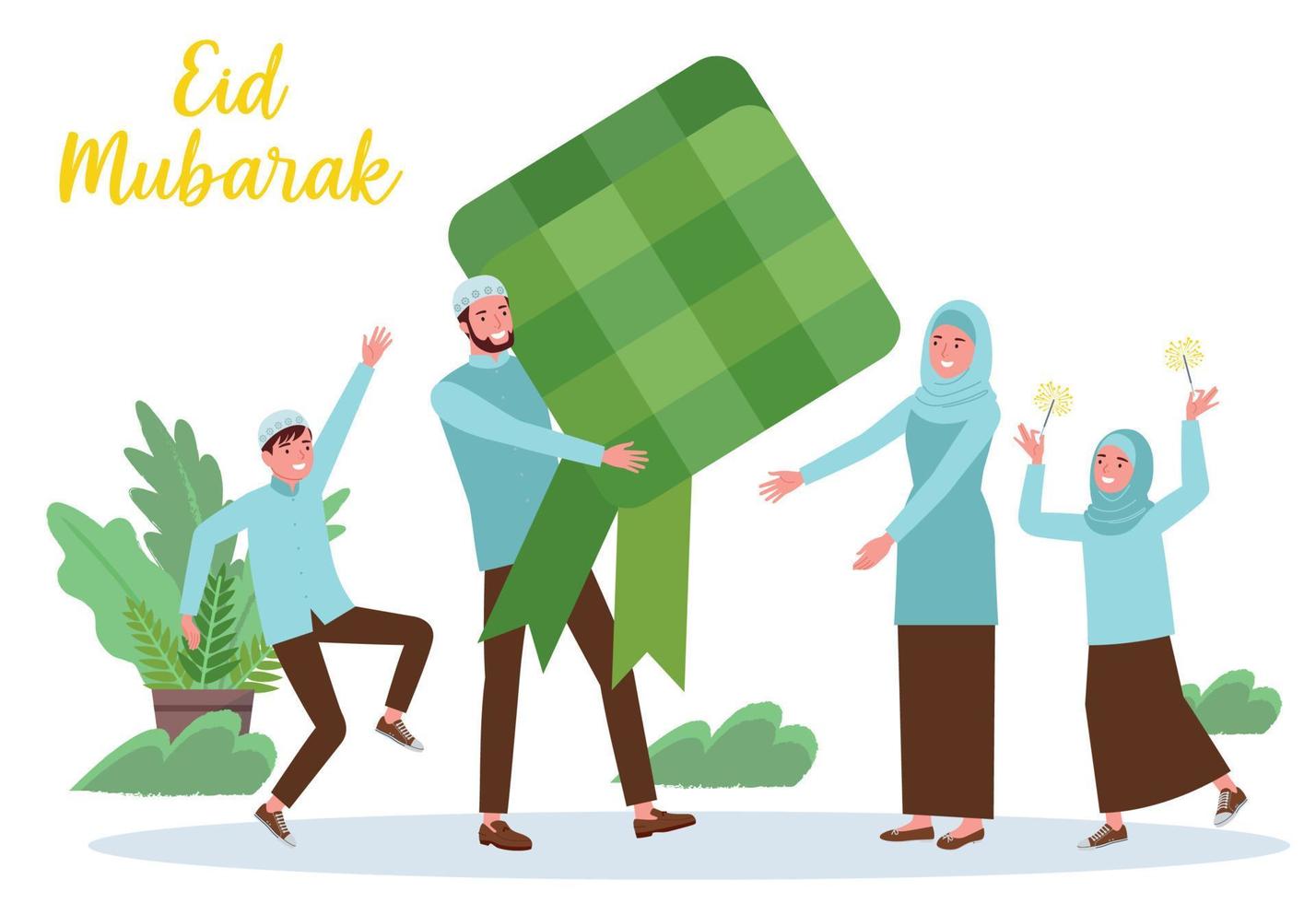 a group of happy Muslim family celebrated Eid al-Fitr, the parents are holding Ketupat, and their daughter is playing tambourines. vector