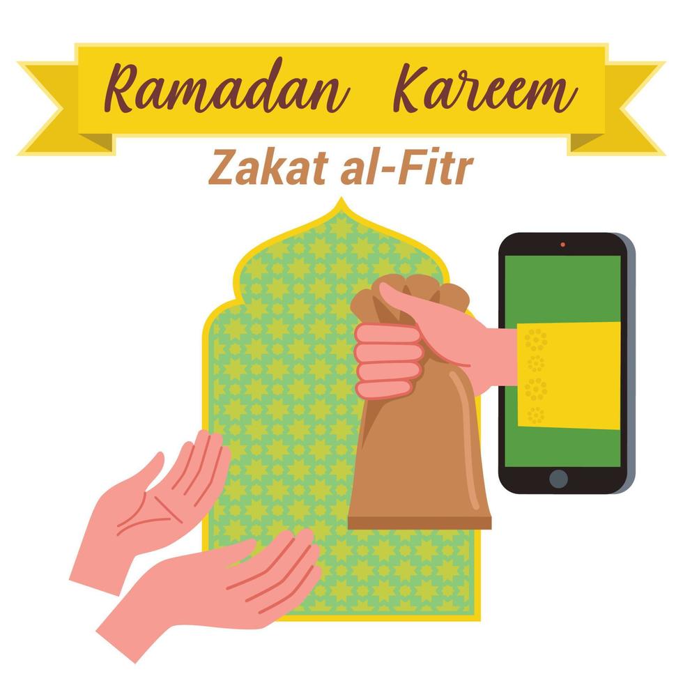 Illustration of a hand giving zakat al Fitr through the mobile phone or through online. one hand gives a bag containing zakat, and the other hand that ready to accept it. vector