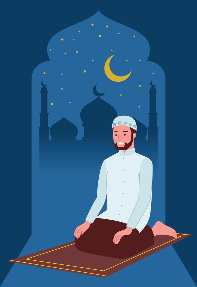 a Muslim man is praying on a prayer mat at night with the mosque and the moon background. vector