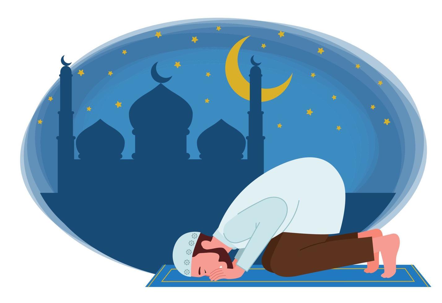 a Muslim man is praying and prostrating on his prayer mat at night with the mosque and the starry sky background. vector
