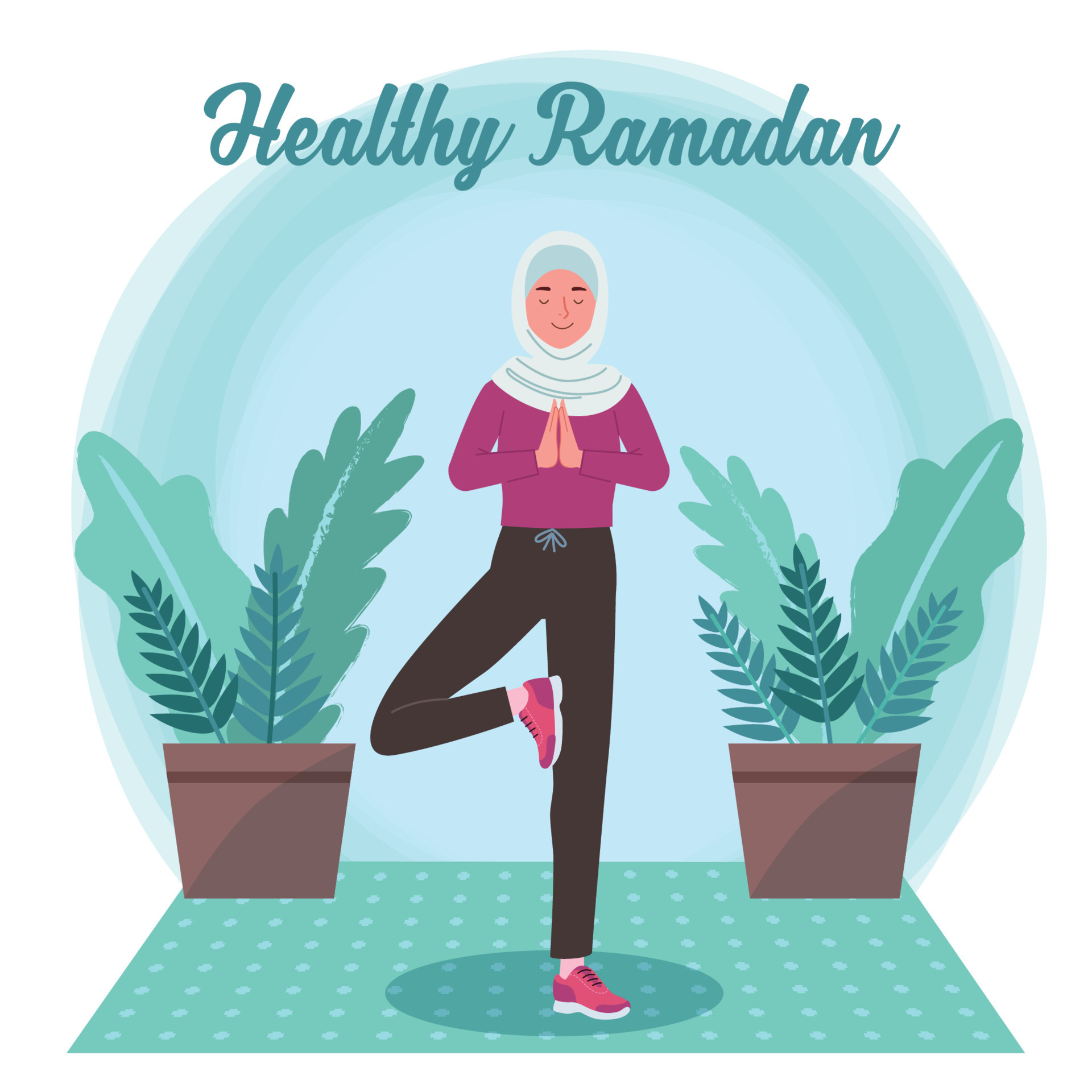 A young Muslim woman doing yoga in the middle of Ramadan month to keep