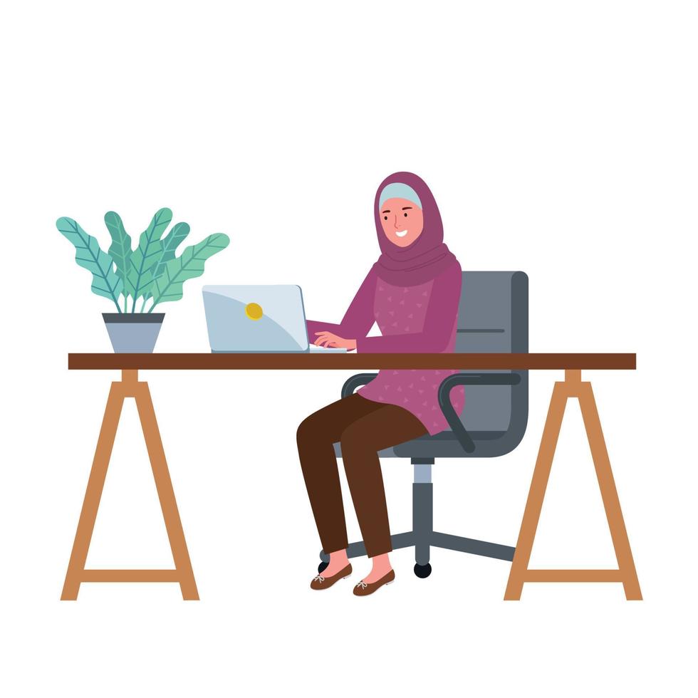 Billedfab Moslem 31.epsA muslim woman is smiling with in front of her laptop in her working desk vector