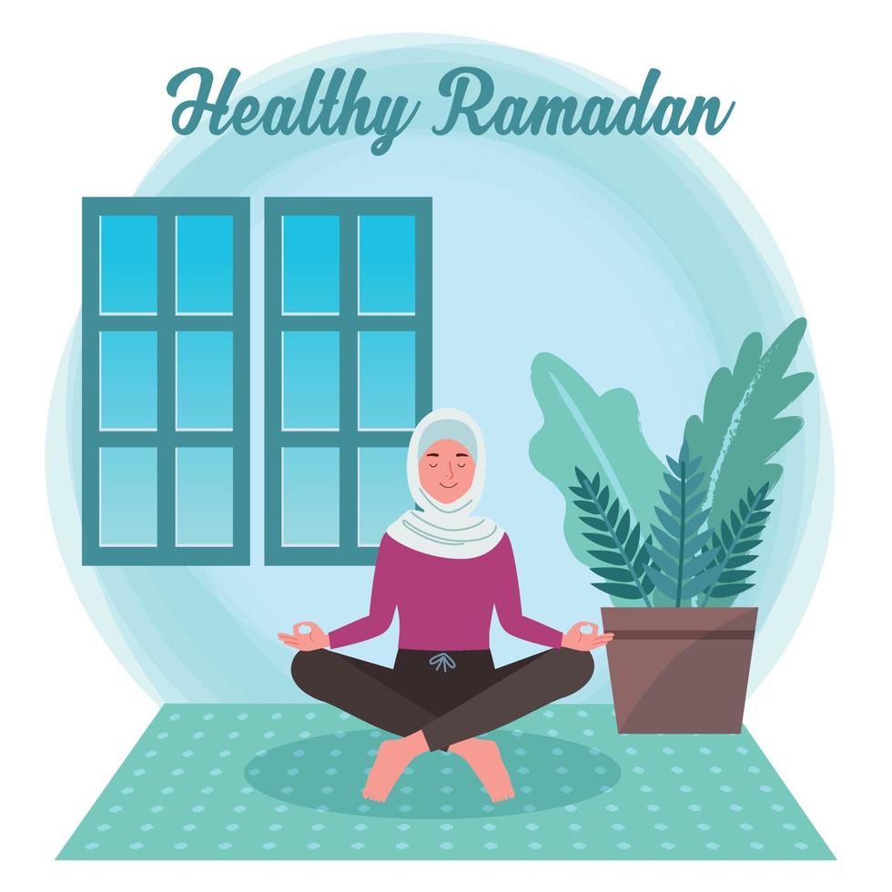 A young Muslim woman doing yoga in the middle of Ramadan to keep healthy vector