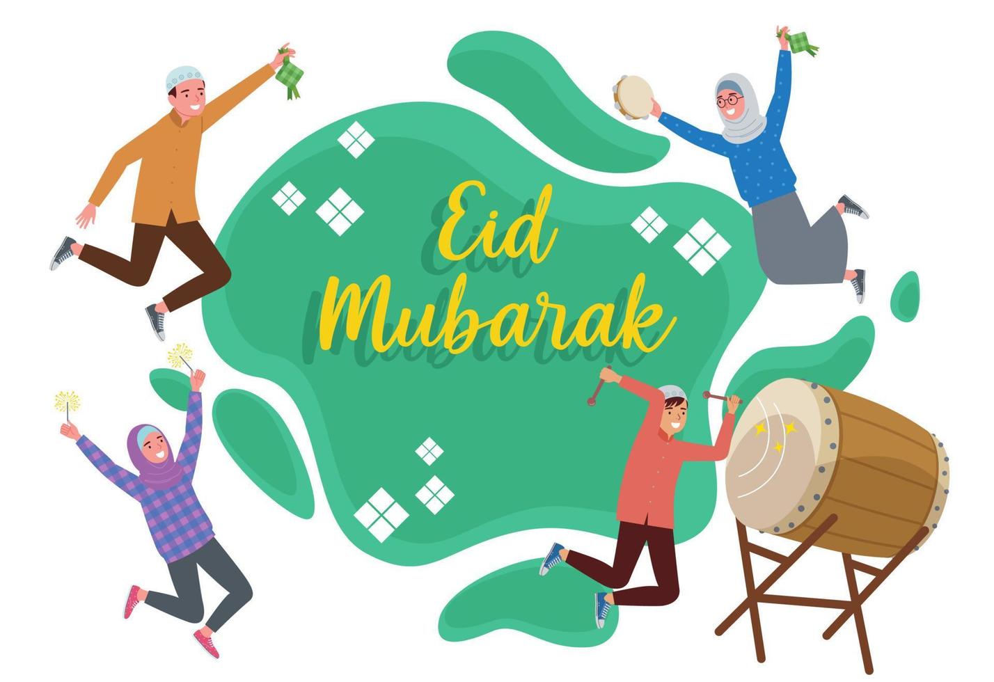 a group of Muslim teenagers who do various kinds of poses like beating drum or Bedug, holding a fireworks, holding a tambourine, and holding Ketupat. They wear colorful clothes and say Eid Mubarak. vector