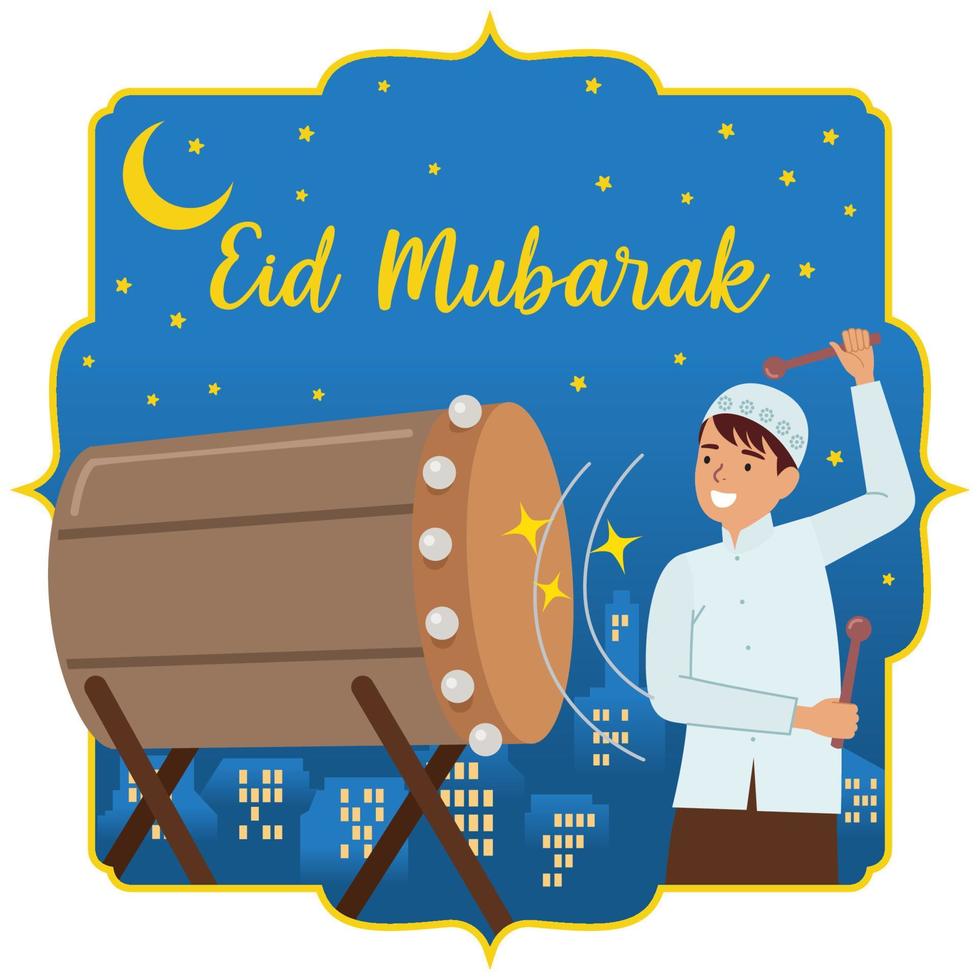 Vector illustration of The Muslim boy hitting the drum. Eid Mubarak