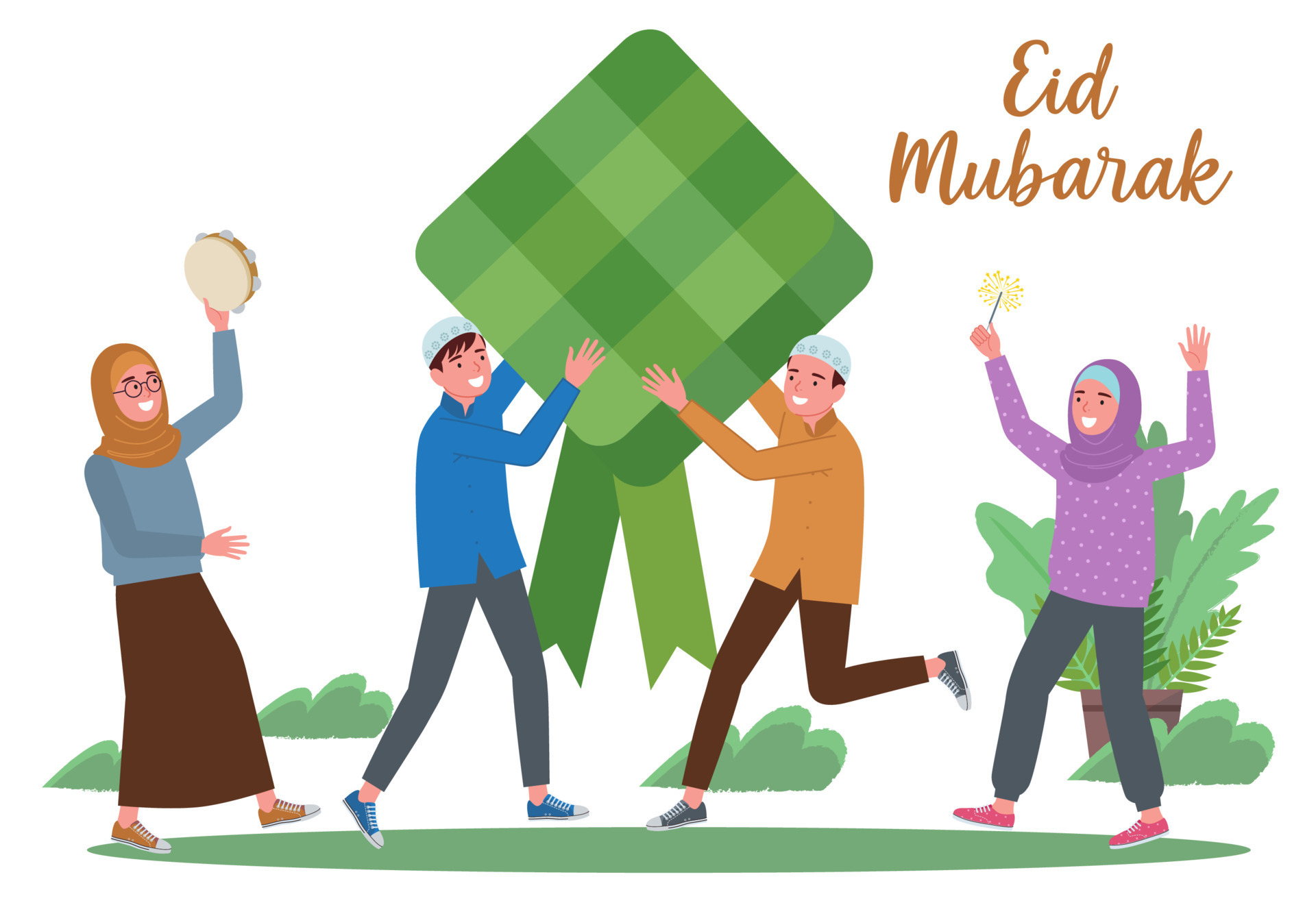 a group happy of Muslim teenagers celebrated Eid alFitr, some holding Ketupat, playing