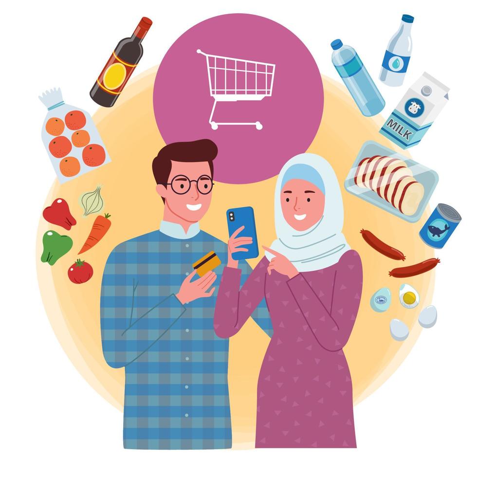 a Muslim couple do a groceries online shopping together on a mobile phone. The man is holding a card while the woman is holding a phone. vector