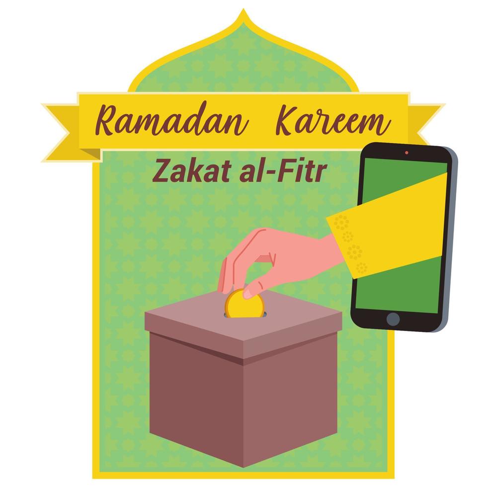 ilustración de un mano dando zakat al-fitr mediante el móvil teléfono o mediante en línea. el mano es insertando un moneda dentro un caja. vector