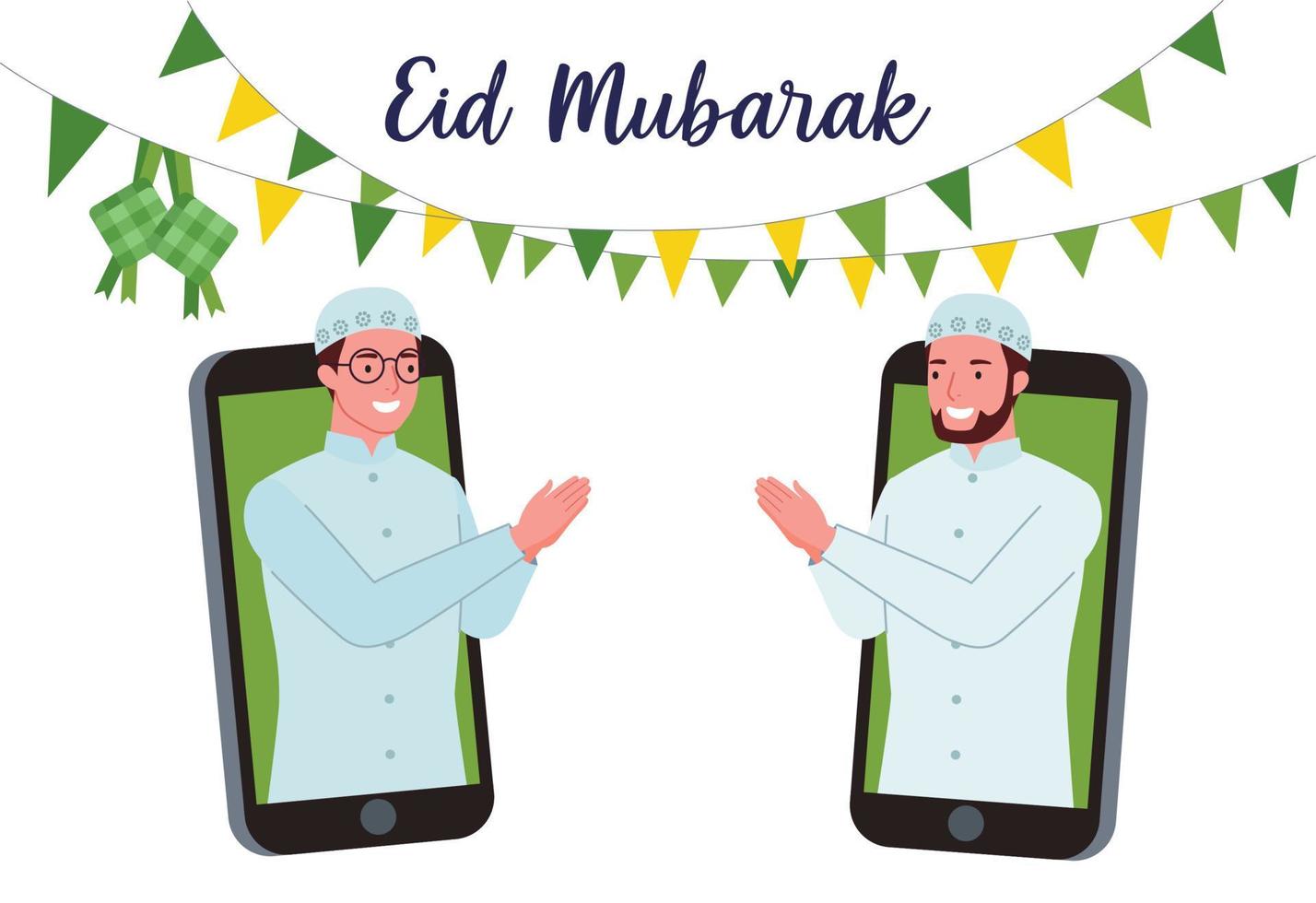 Illustration of two Muslim men doing shaking hands gesture to apologize for one to another through mobile phones to celebrate Eid al-Fitr. vector