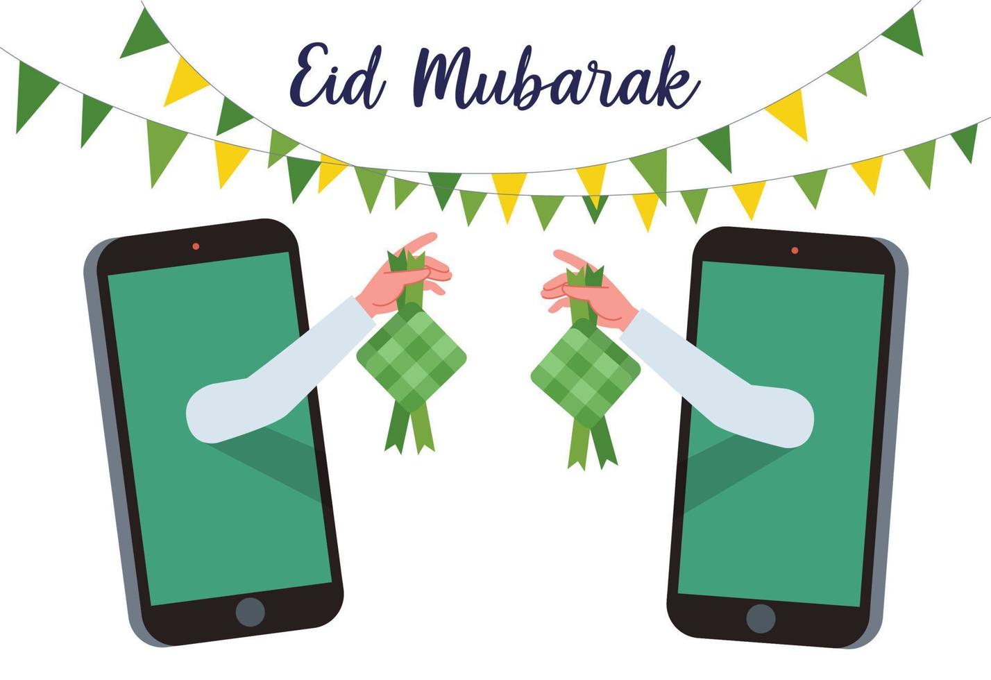 Illustration of a hand coming out through a cell phone and holding a Ketupat to celebrate Eid. Ketupat in Bahasa Indonesia is a rice packed inside a diamond-shaped container of woven palm leaf pouch. vector