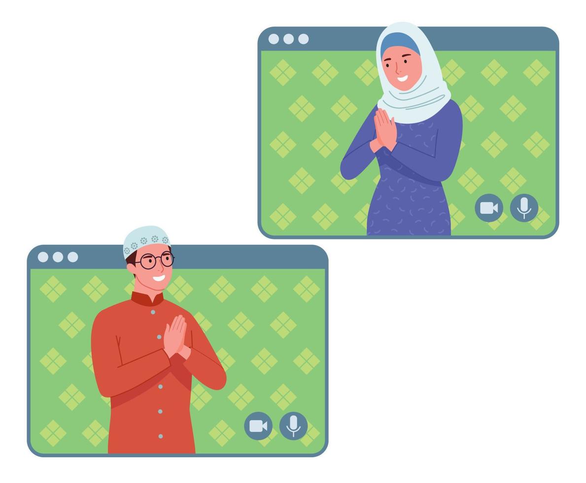 a Muslim woman and a Muslim man are making a video call to celebrate Eid vector