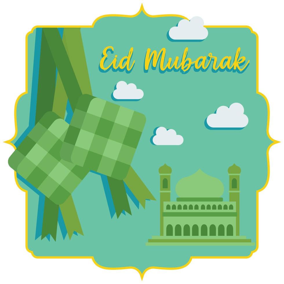 Eid Al-Fitr greetings with illustrations of a Ketupat and a mosque. vector