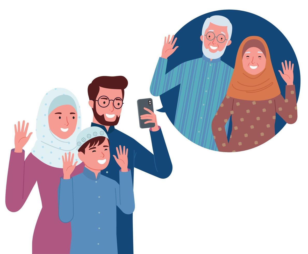 un musulmán familia consistente de padres y su niños es haciendo un vídeo llamada con su abuelos. vector