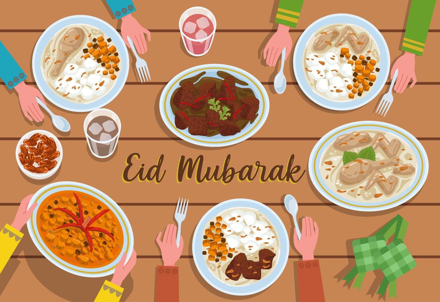 Various Indonesian food dishes that are usually served at Eid, like Dates Fruit, Ketupat, Rendang, Opor Ayam and Sambal Goreng Ati. All food is presented on the table and ready to eat. vector