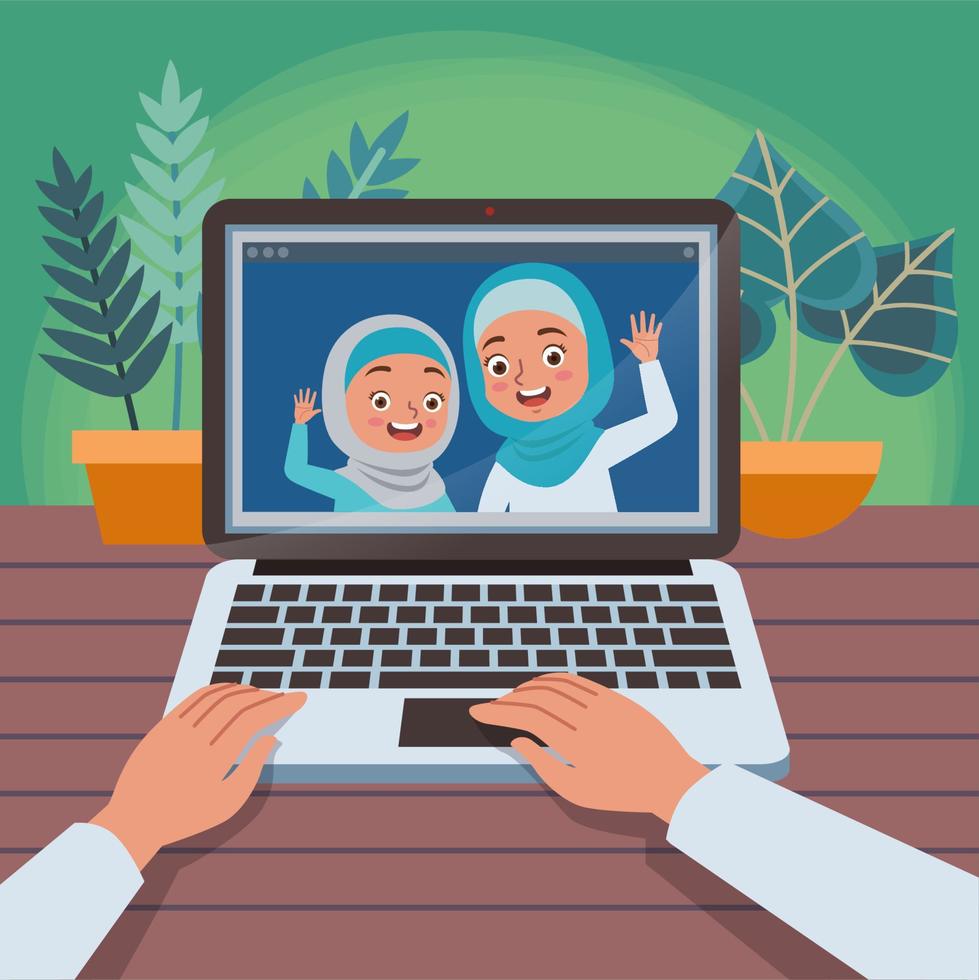 Video conference with two young Muslim girls on the laptop screen vector