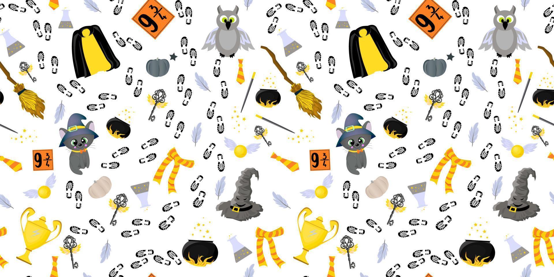 seamless pattern magic and sorcery. Magic items. School of Magic. vector