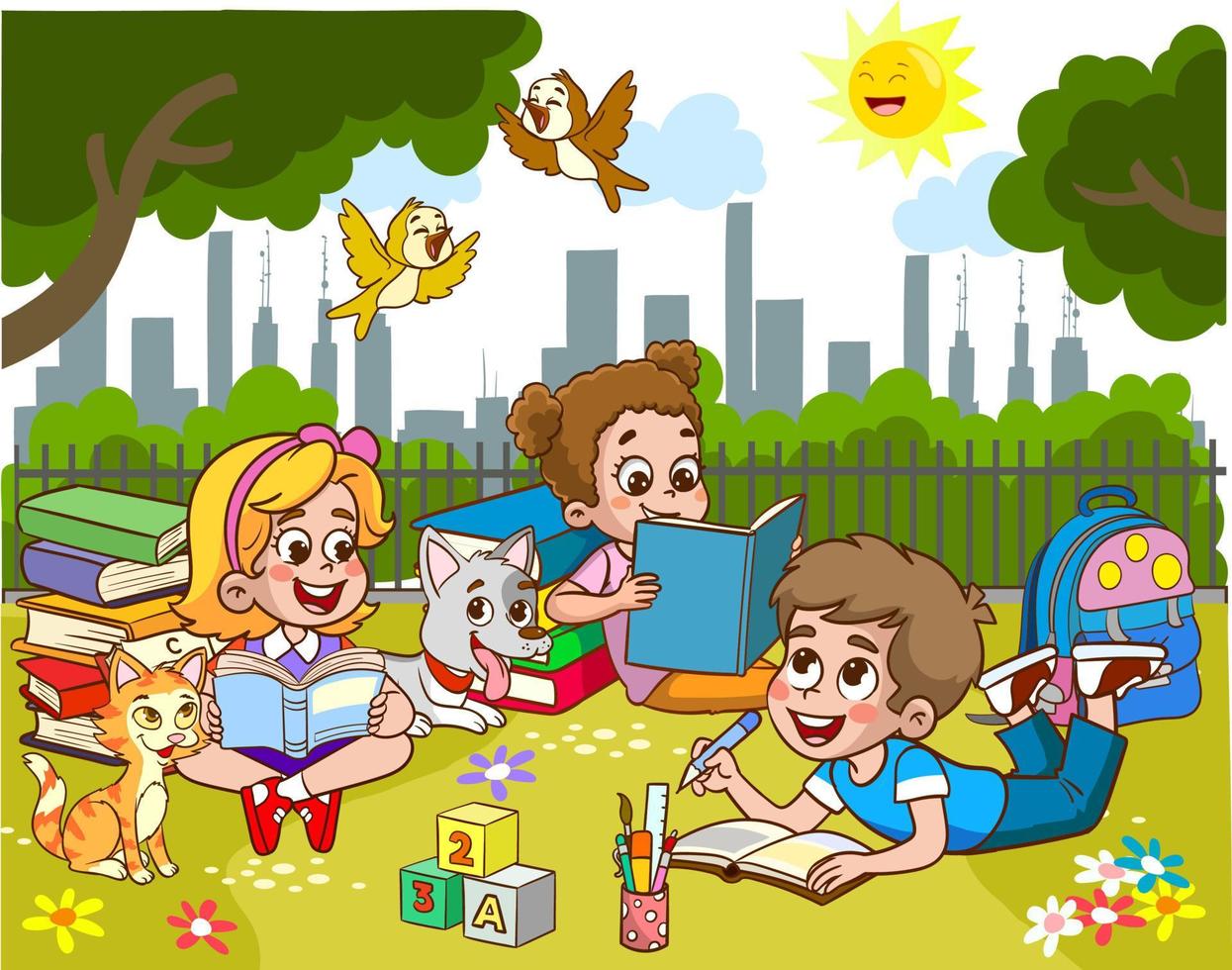 Children learn from books. Boy and girl reading fairy tales together. Colorful cartoon characters. Funny vector illustration. Isolated on white background