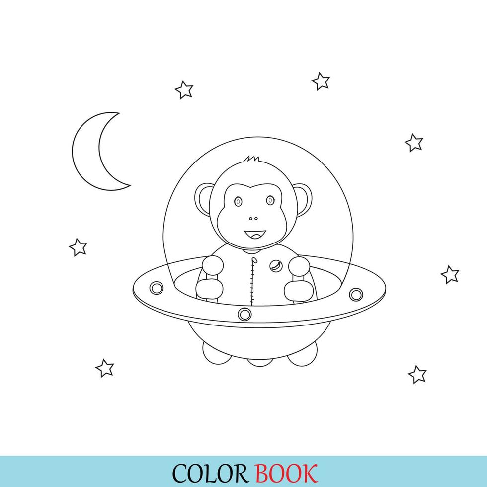 Coloring Page Outline monkey riding a cartoon flying saucer with alien. Space. Coloring book for children. vector