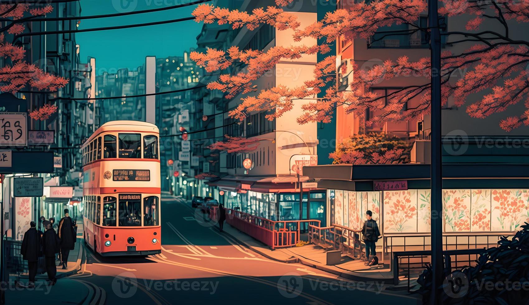 A double decker bus is going to the station in a japanese city. photo