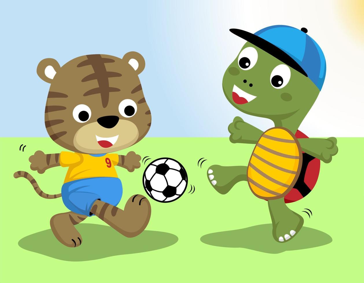 Cartoon illustration of little tiger and turtle playing soccer vector