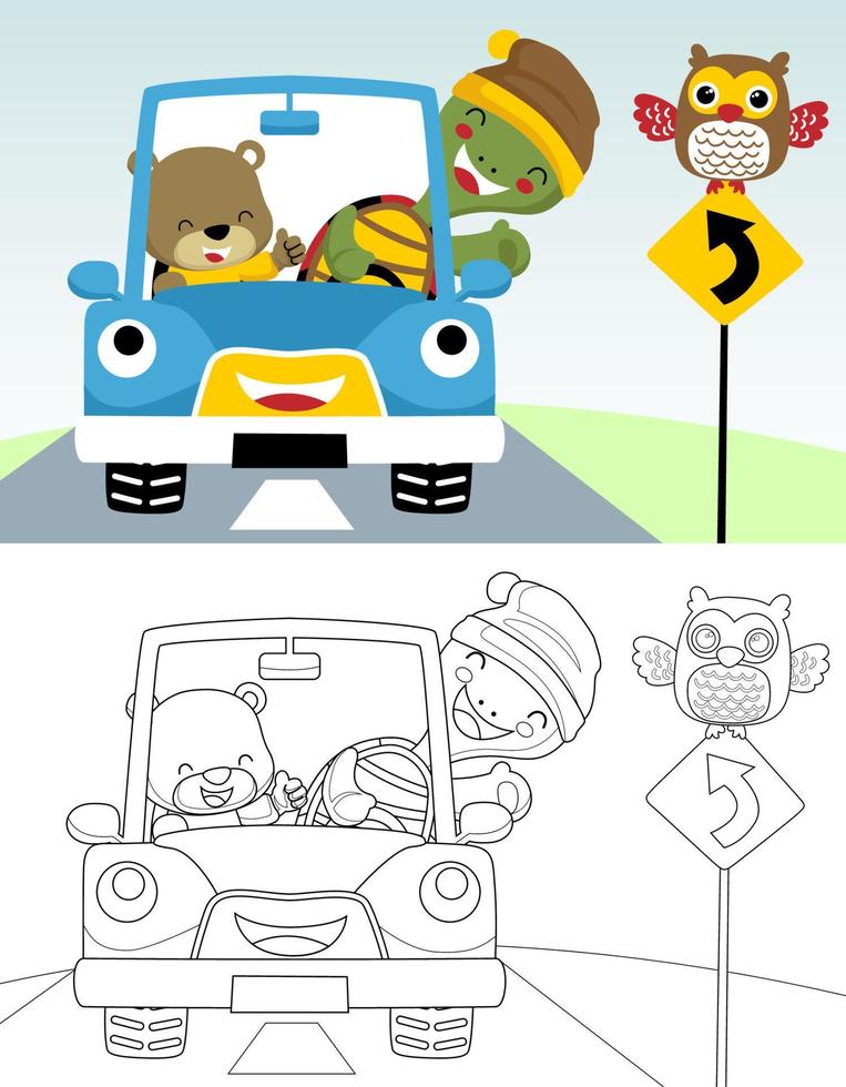 Coloring book or page of cartoon turtle with bear on funny car, owl on traffic sign vector