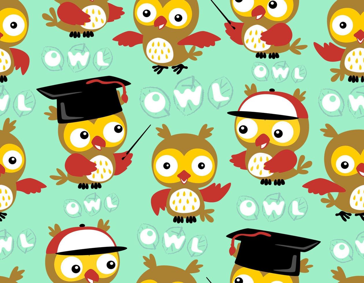seamless pattern vector of cute owl cartoon with different cap
