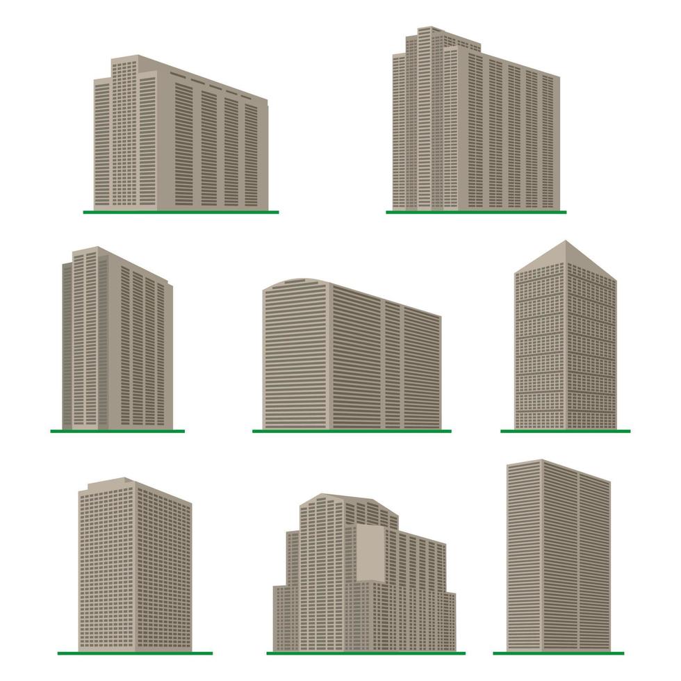 Set of eight modern high-rise building on a white background. View of the building from the bottom. Isometric vector illustration.